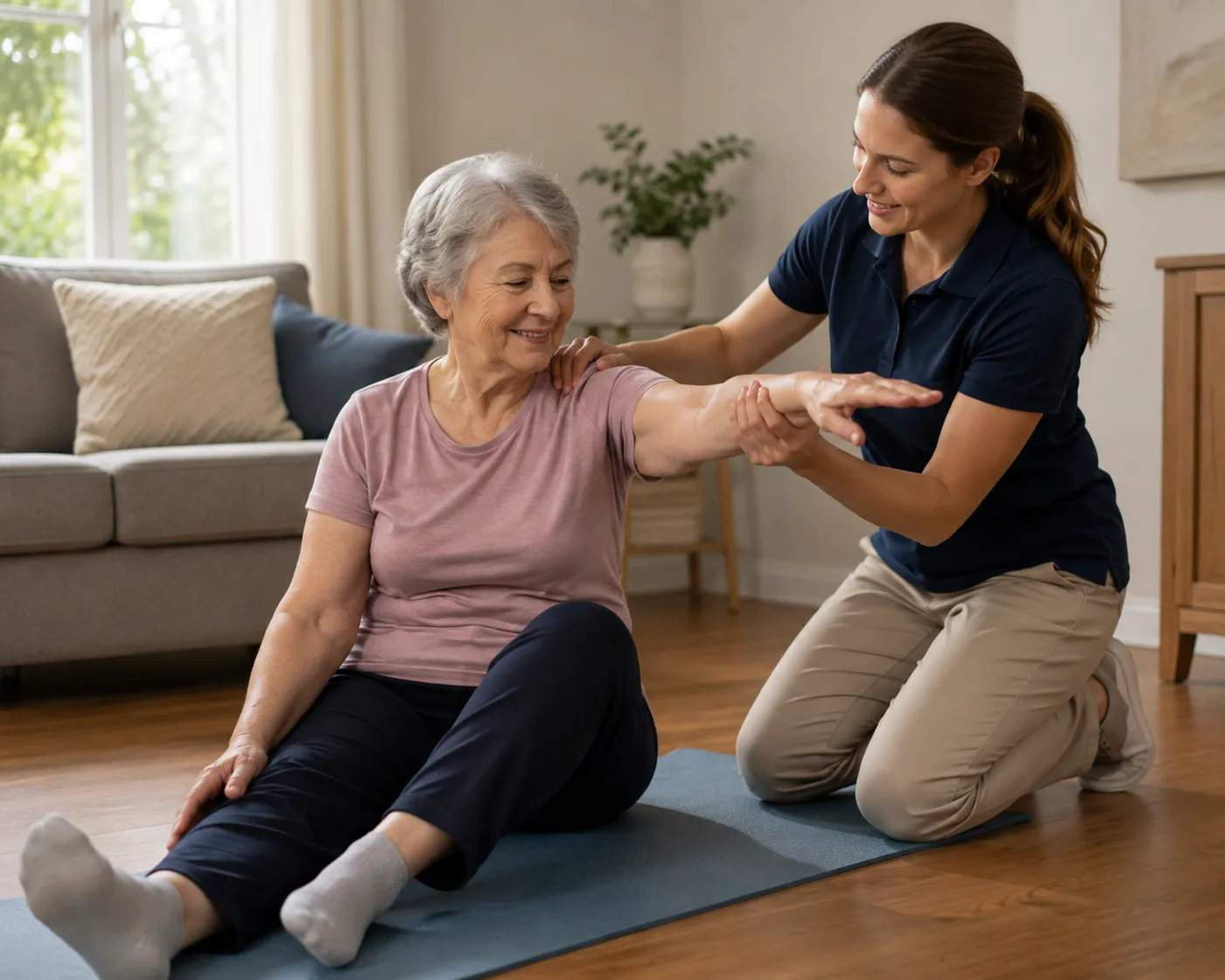 A physical therapist guiding a seated patient through a resistance band exercise in their living room