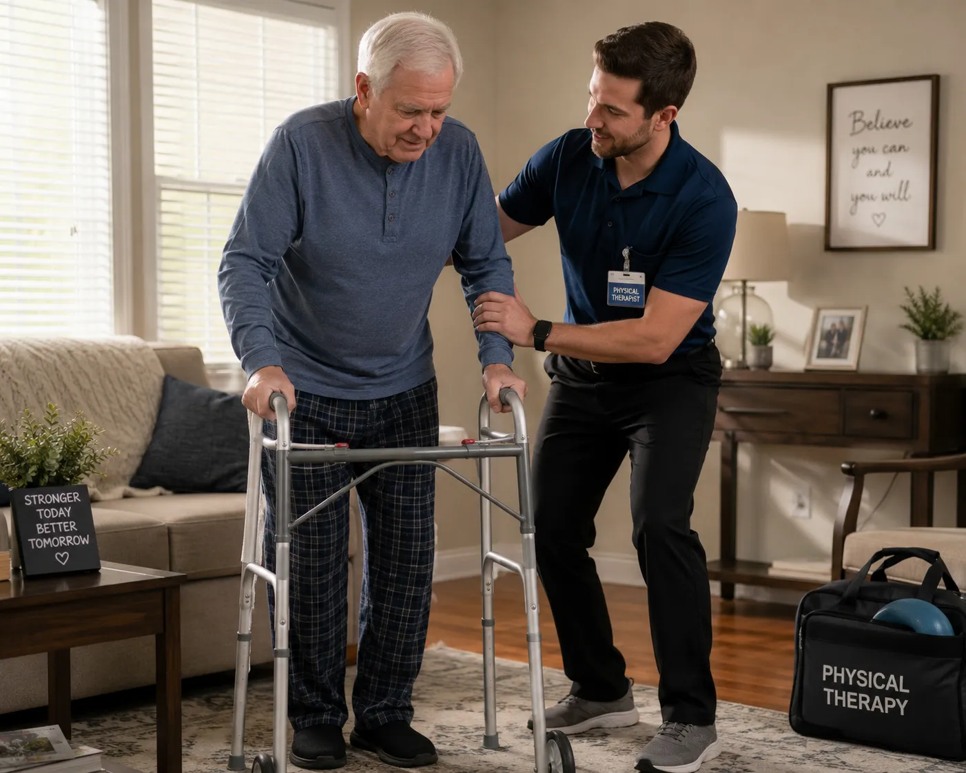 A physical therapist supporting an older adult as they walk with a wheeled walker in their living room