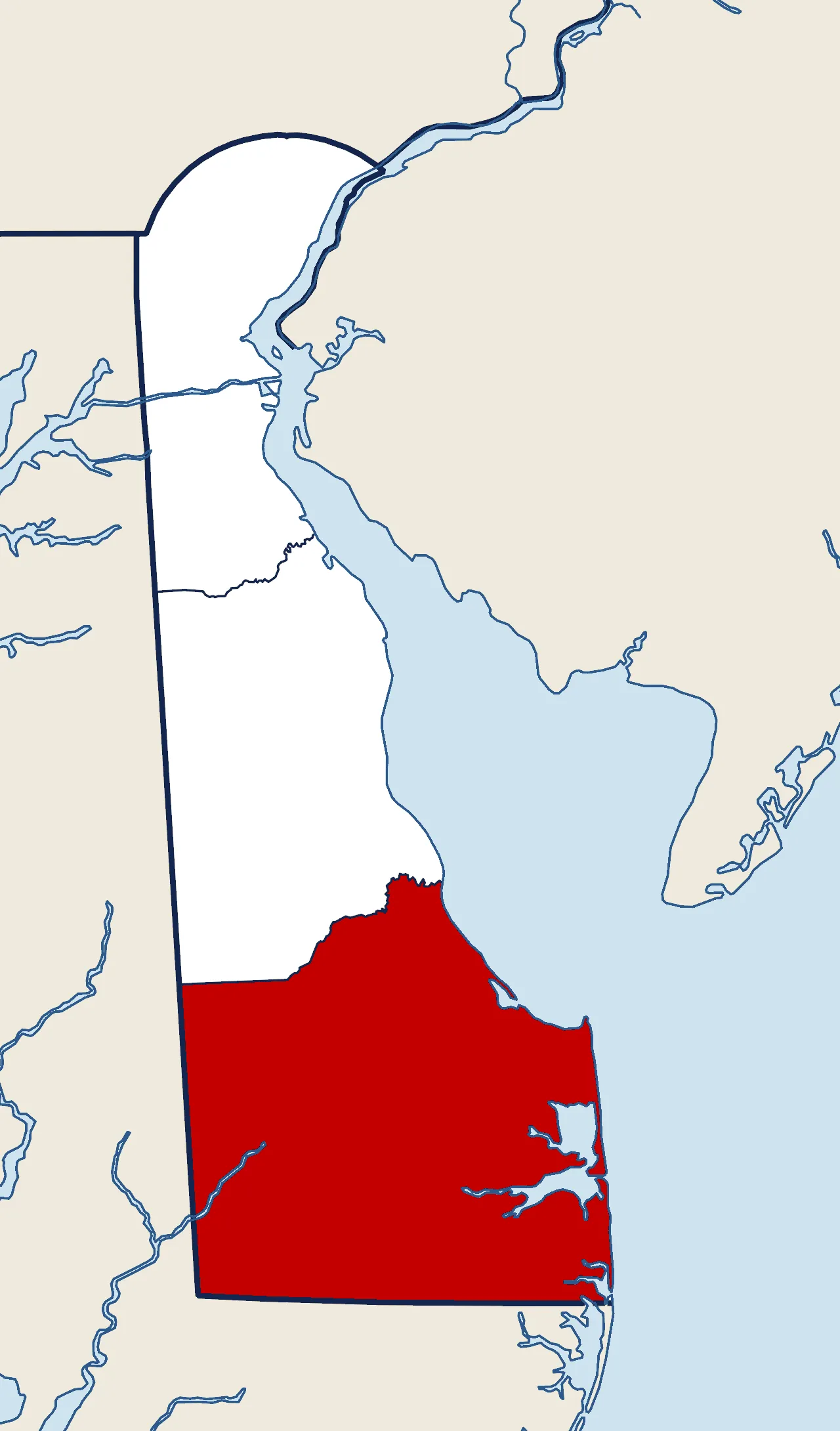 A map of Delaware with Sussex County, the southernmost county, highlighted